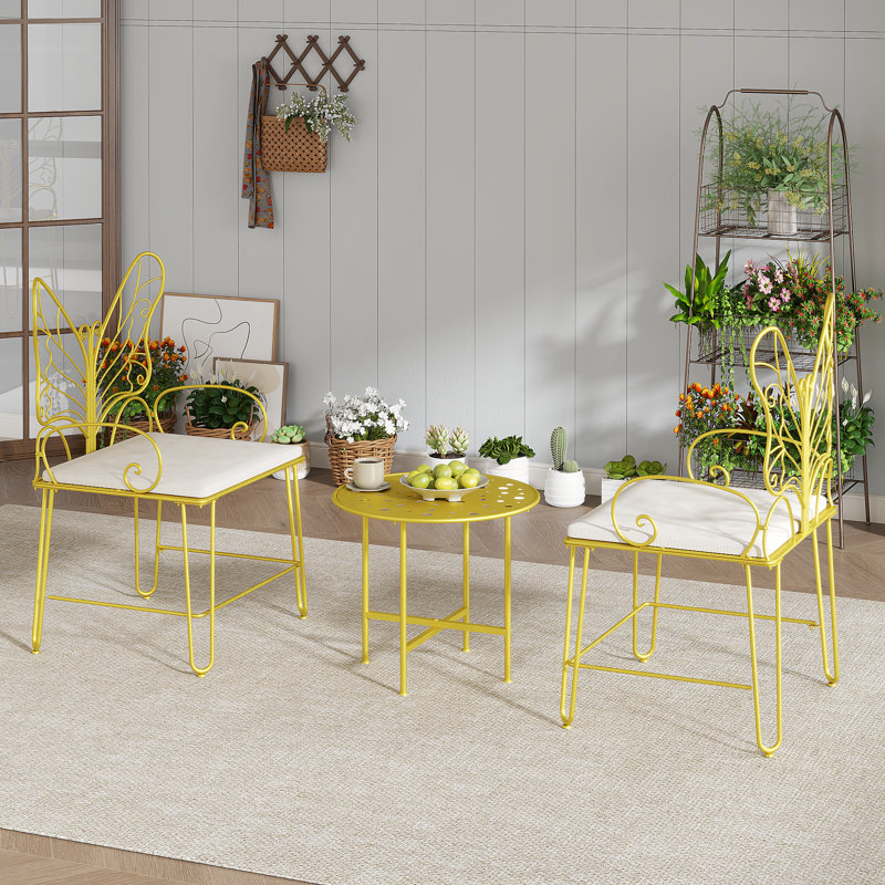 Ensemble de salle à manger d'extérieur en métal pour 2 personnes avec coussin et table ronde, Yellow