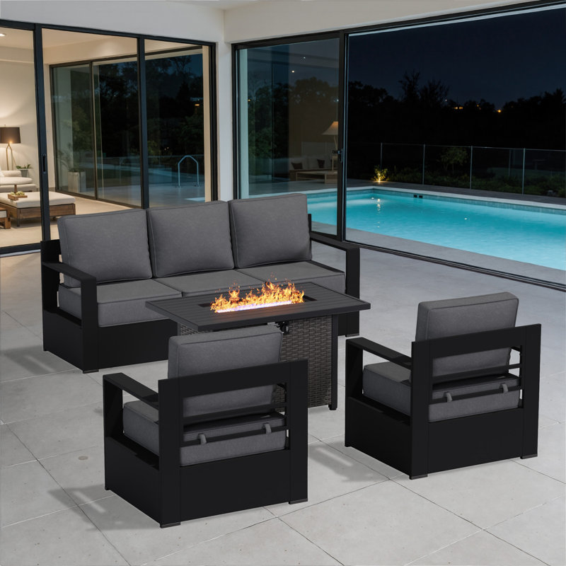 Abdullah 5-Person Modern Aluminum Patio Furniture Set with Fire Pit Table, 3-Seat Sofa & 2 Single Chairs with Gray Cushions