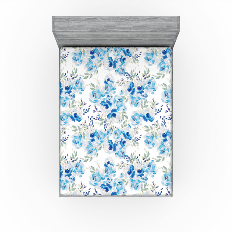 Drap-housse à motif floral Ambesonne, Bleu azur, écume de mer pâle / floral, Drap-housse de taille très grand