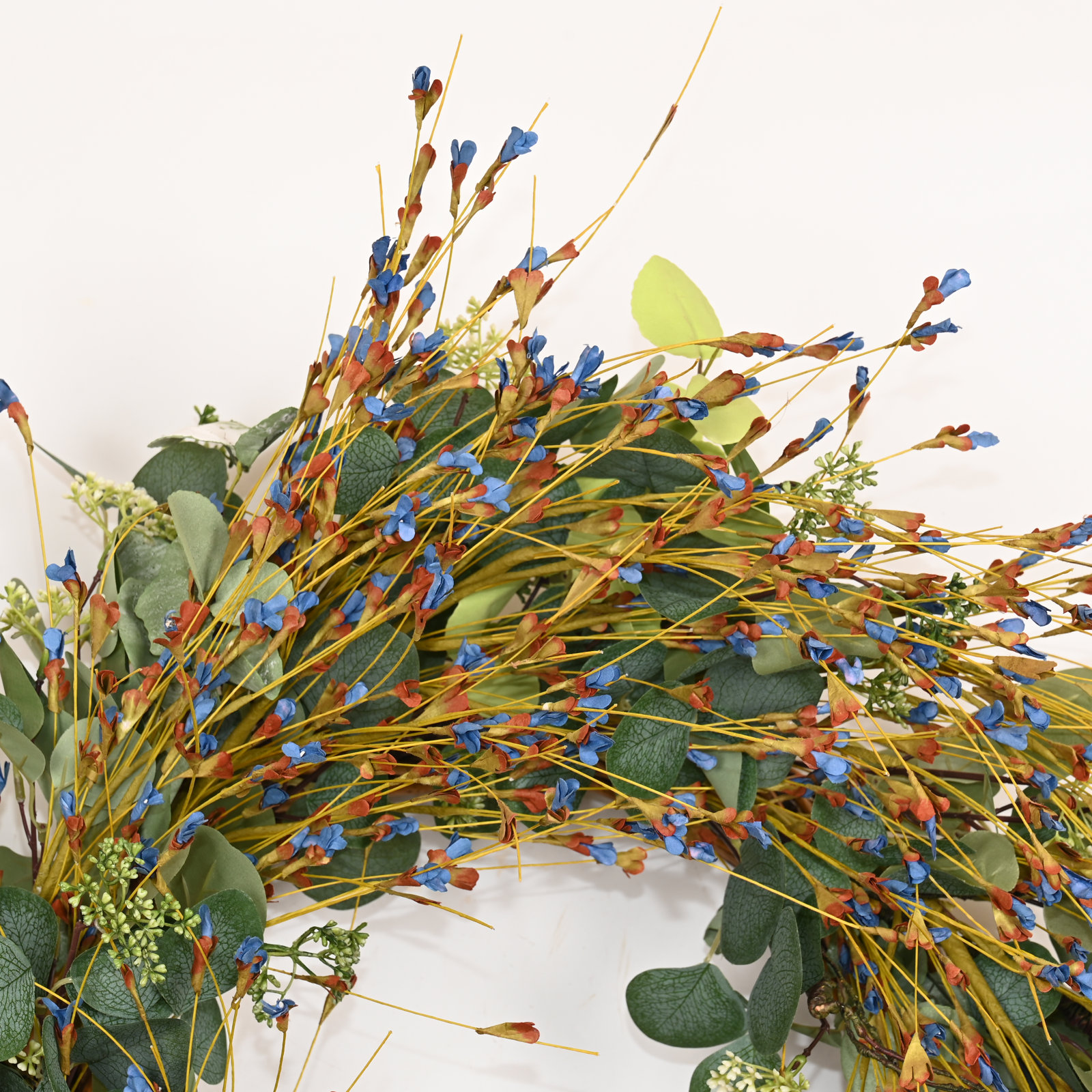 24" Artificial Farmhouse Blossom Cluster Eucalyptus Greenery Foliage Wildflower Fall Wreath For Front Door, Blue
