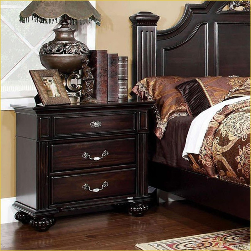 Traditional Dark Walnut Bedroom Nightstand – 3 Drawers, Solid Wood