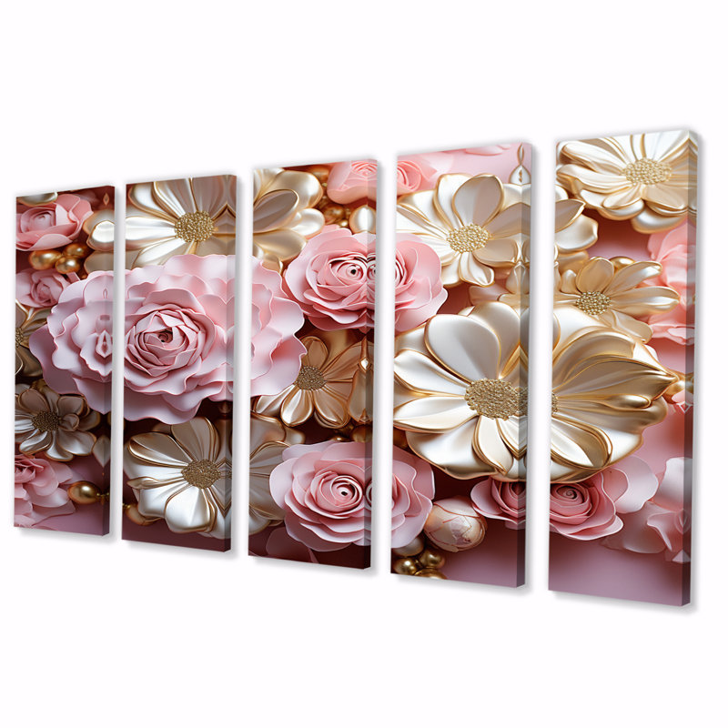 Tender and Light Pink Flower Art - Formes abstraites, art mural salon - 5 panneaux égaux