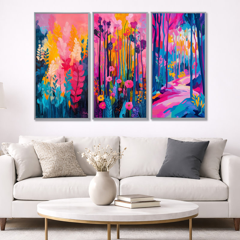 «Vibrant Forest Path - Fauvism», art mural encadré 3 pièces, 40" H x 60" W, Encadrement argenté