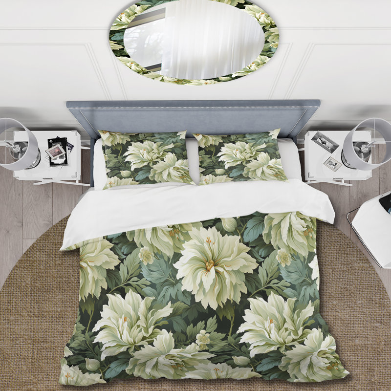 Green Damask Marigold Oasis - Ensemble de housse de couette damassé, Housse de couette simple + 1 taie décorative stan
