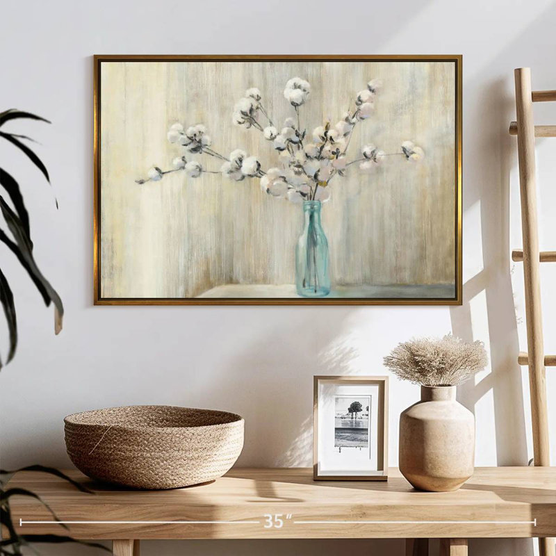 Bouquet de coton, 25 po x 17 po, Cadre flottant doré