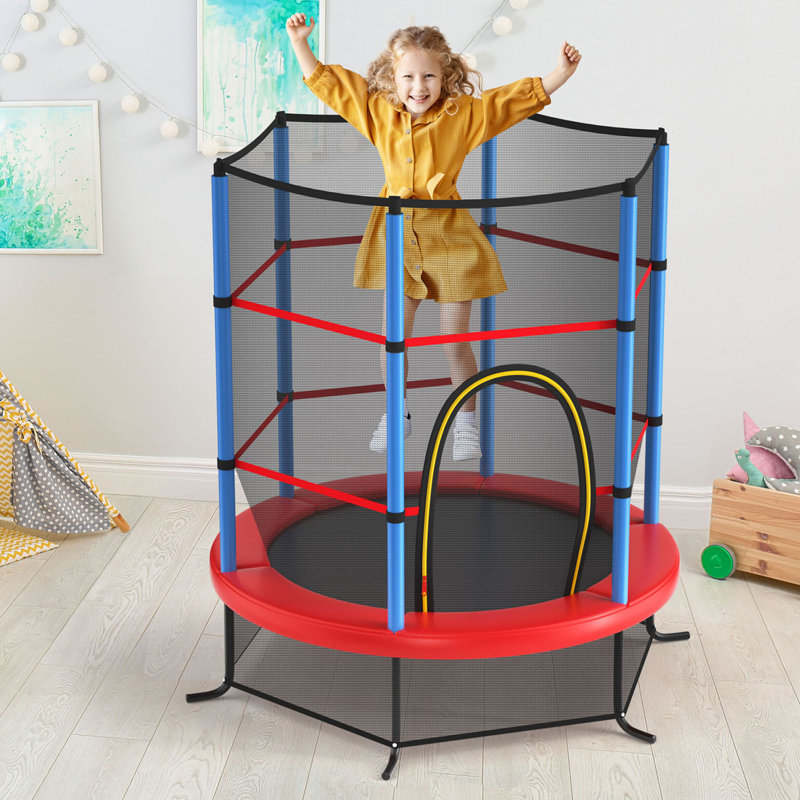Gymax Round Backyard Trampoline with Safety Enclosure, Red
