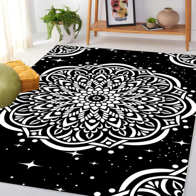 Tapis Mandala, tapis de sol bohème noir et blanc à motifs floraux tribaux, tapis d'intérieur moderne, doux et antidérapant, grand format, idéal pour le salon, la chambre, le canapé, la table de chevet et la décoration intérieure, 100 x 160 cm