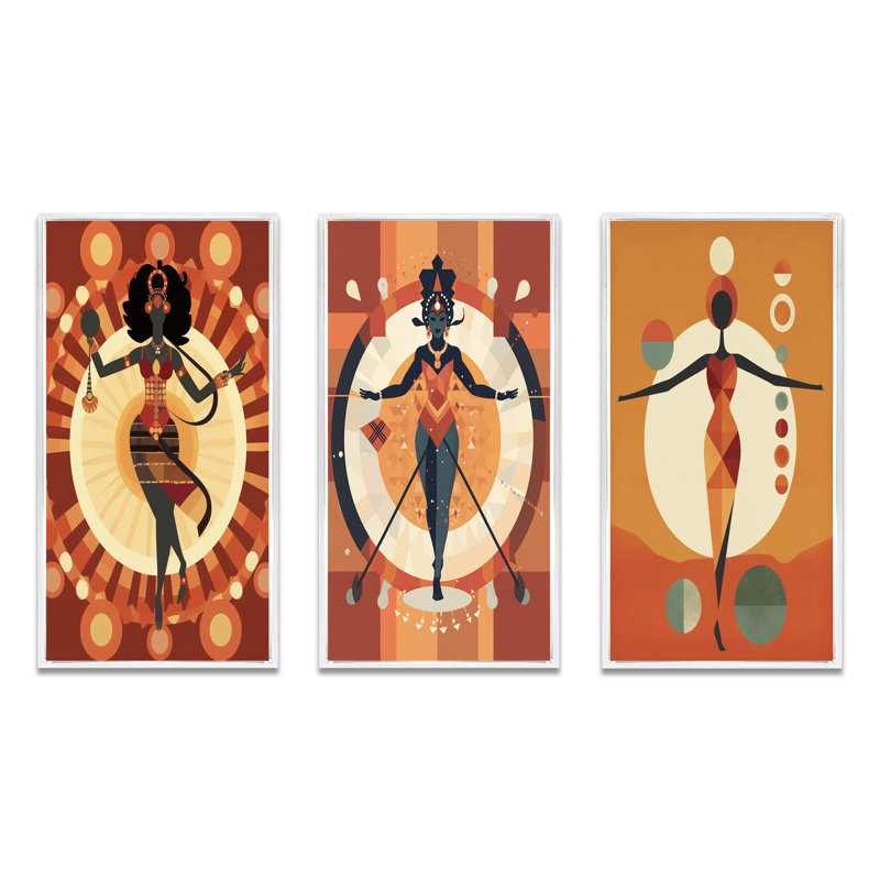 «Tribal Goddess Rhythms In Orange And Red I», 3 pièces sur toile, Cadre flottant blanc, H 28 po x l 36 po