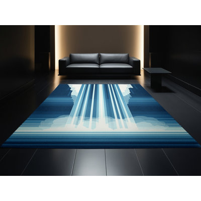 Machine Washable Paret Angel Falls Venezuela Contemporary Ombre Rug in Blue – Navy Binding