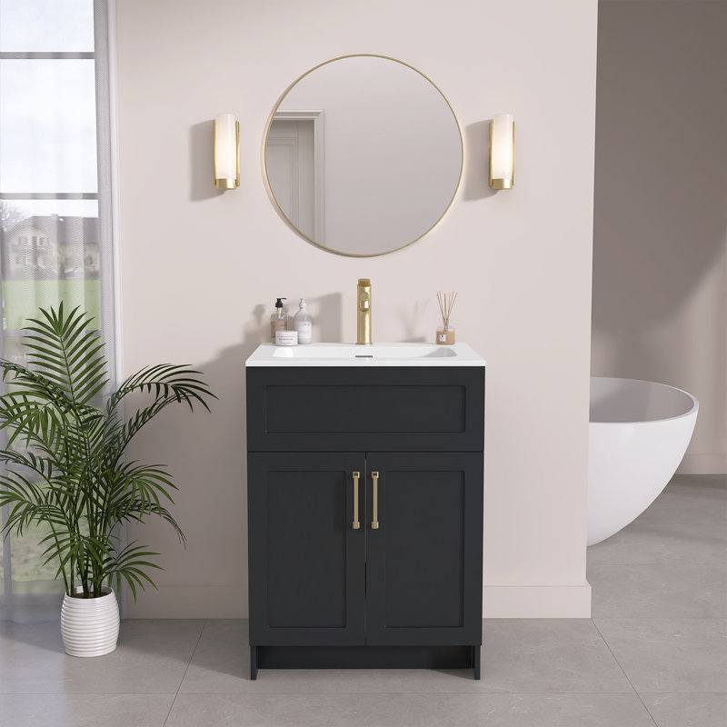 Dessus de meuble-lavabo à surface solide 24 po avec lavabo intégré, comptoir mince de 0,56 po d'épaisseur, design moderne blanc éclatant, léger et facile à installer