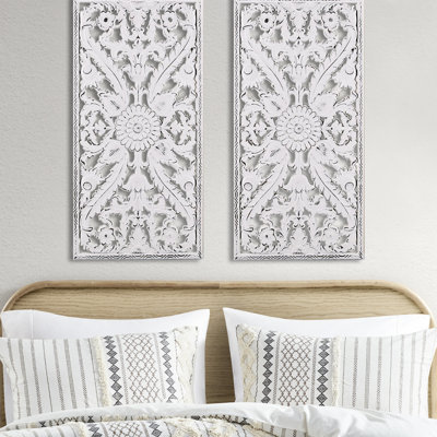 2 Wall Decor - Distressed Wood Lotus Whitewashed Finish Interior White Wash Flower Decoration