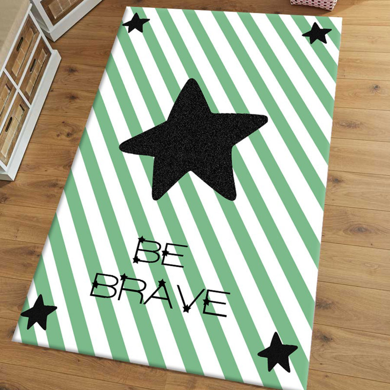 Tapis en polyester tissé à la machine à rayures bleues / blanc / vert Golub, Rectangle 4 pi 11 po x 7 pi 7 po