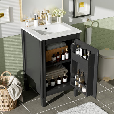 Meuble-lavabo noir de 20 po avec lavabo en céramique, porte à fermeture en douceur, tablette réglable en forme de U, support de rangement pour porte, armoire autoportante moderne pour les petites salles de bain