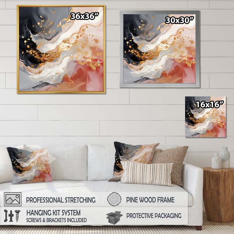 Reproduction sur toile rose et or rose, H 30 po x l 30 po x P 1 po, Cadre simple noir
