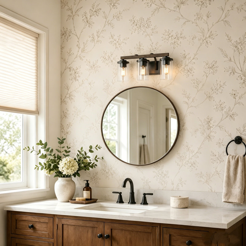 Ifill 3 Dimmable Faux Wood Farmhouse Vanity Light, Rustic Dark Silver & Faux Wood, 3 Lights