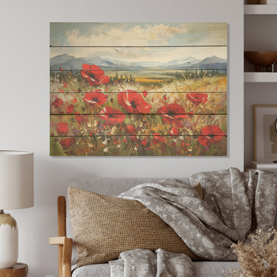 Champ de coquelicots rouges en montagne I - coquelicots, art mural sur bois de pin naturel
