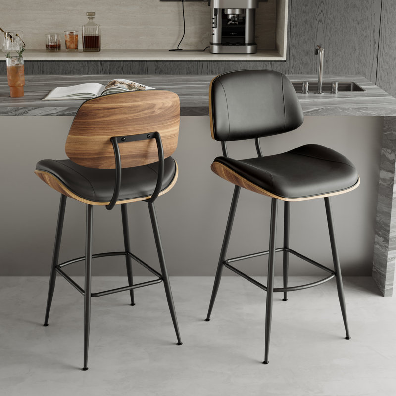 26.7'' PU Leather Upholstered Counter Stools with Walnut Backs & Seat and Metal Legs, Black