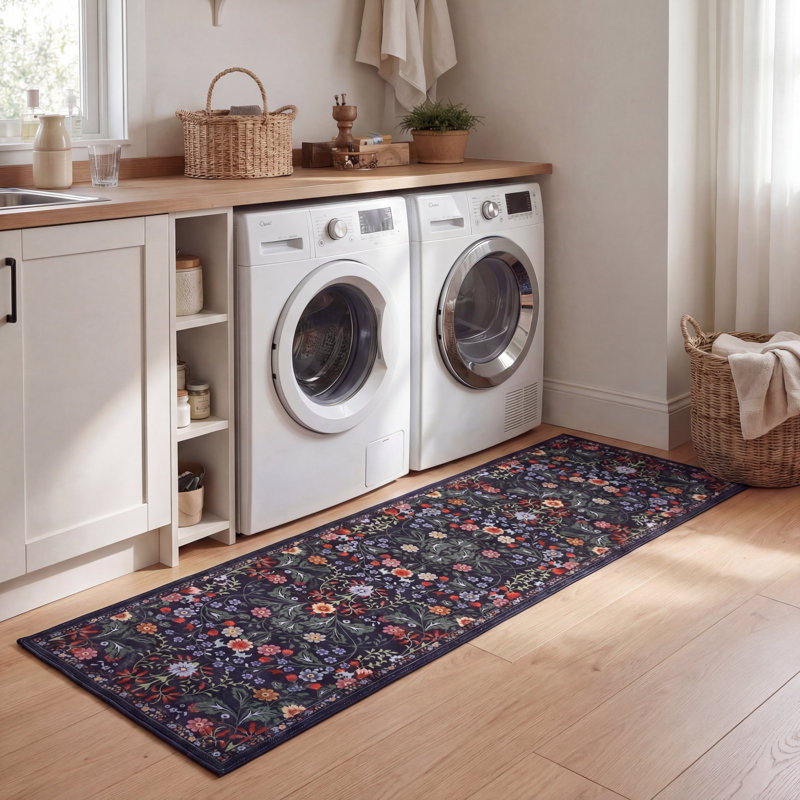 Primrose Art Nouveau Floral Border Machine-Washable Rug, Green/Pink, Runner 2' x 8'