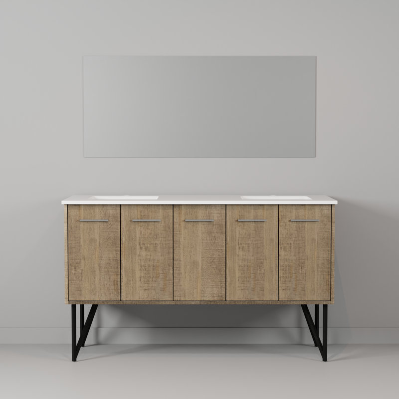 Lancy 60 in W x 20 in D Rustic Acacia Double Bath Vanity and 55 in Mirror, White Cultured Marble