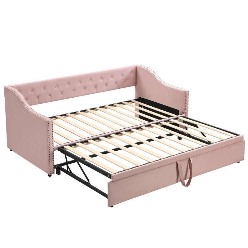 Upholstered Daybed With Pull-Out Trundle Bed, Pink