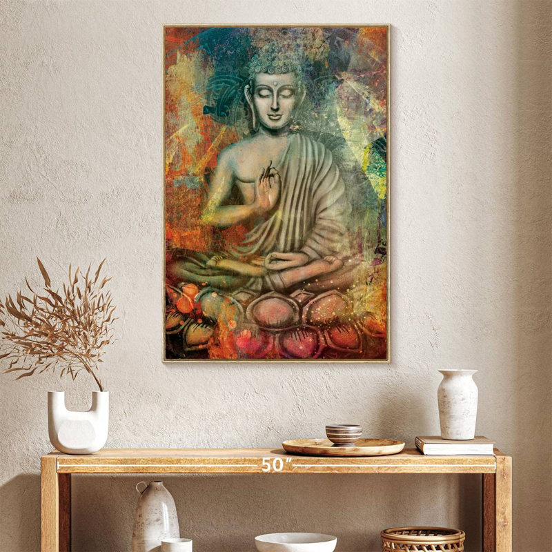 Bouddha assis en couleurs, Cadre flottant en bois naturel, 27" x 40"