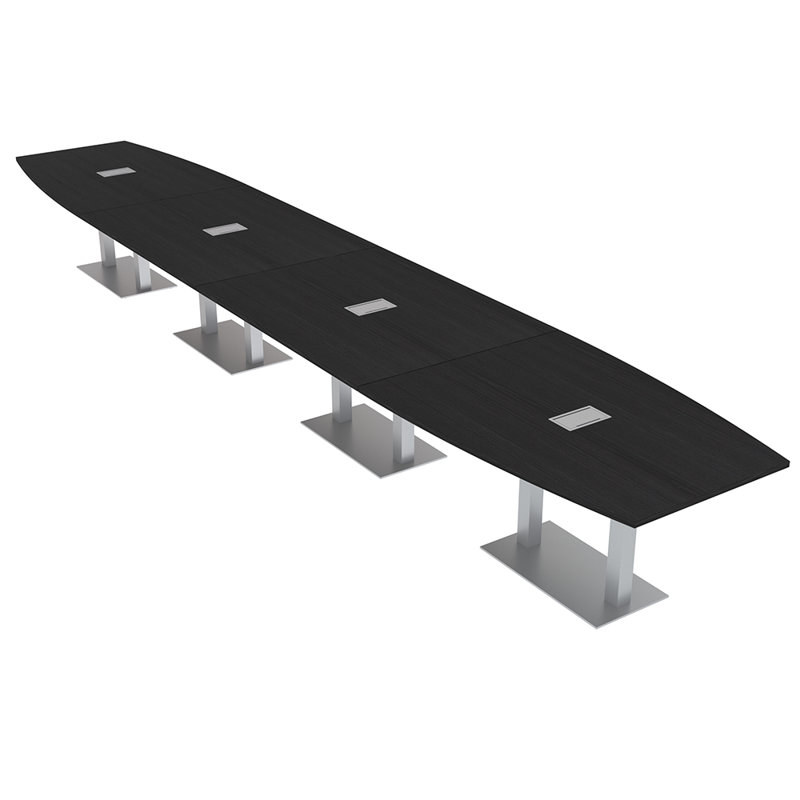Table de conférence en forme de bateau avec base en métal double | Unité électrique, Cyprès noir, Argent argent