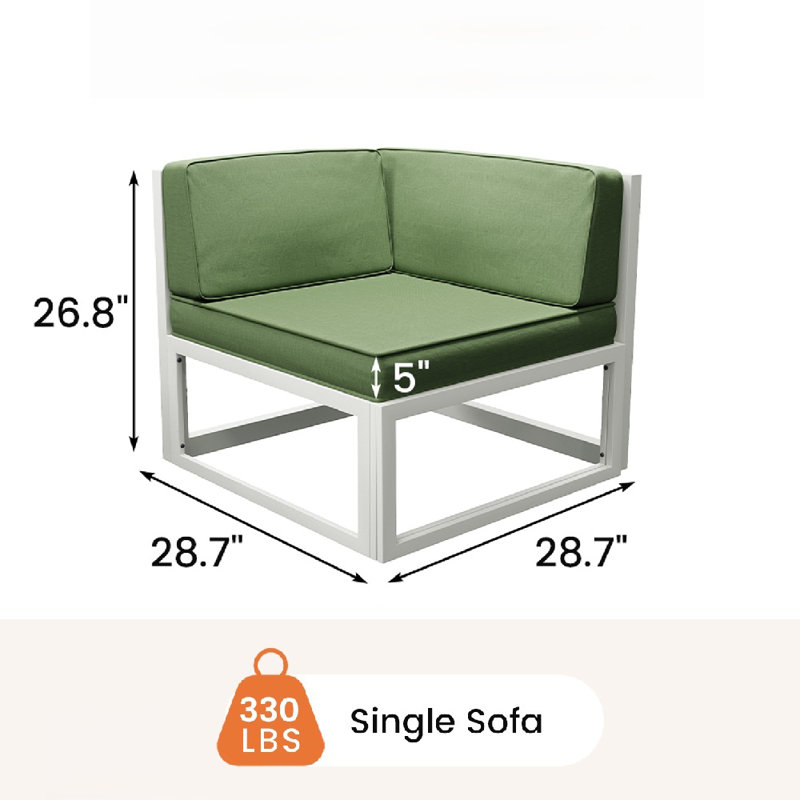 2-Piece Aluminum Outdoor Patio Sofa Corner Chair With Cushions (Set of 2), Cream, Green