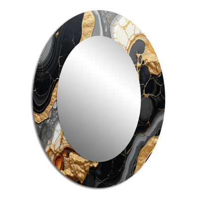 Minimalism Chrome Gold And Black Poteries IV - Abstract Oval Decorative Mirror On Metal