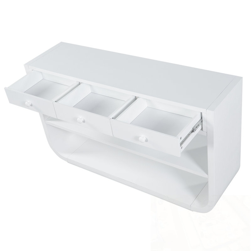 Verasha courbée avec 3 tiroirs à fermeture douce et 2 tablettes ouvertes, Blanc