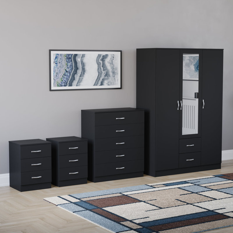 Tayce 4 Piece Bedroom Set (3 Drawer Bedside Chest X2, 5 Drawer Chest, 3 Door 2 Drawer Mirrored Wardrobe), Black