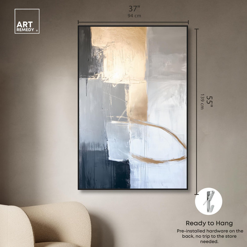 Toile à bords dorés illuminés, art abstrait par Art Remedy, Cadre noir, H 16 po x l 11 po x P 1,2 po