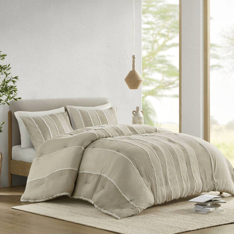 Édredon 3 pièces taupe pour lit double / grand lit - tissu de coton, édredon rayé, rembourrage, garniture, Bartacks visibles, housse, rayures avec style,