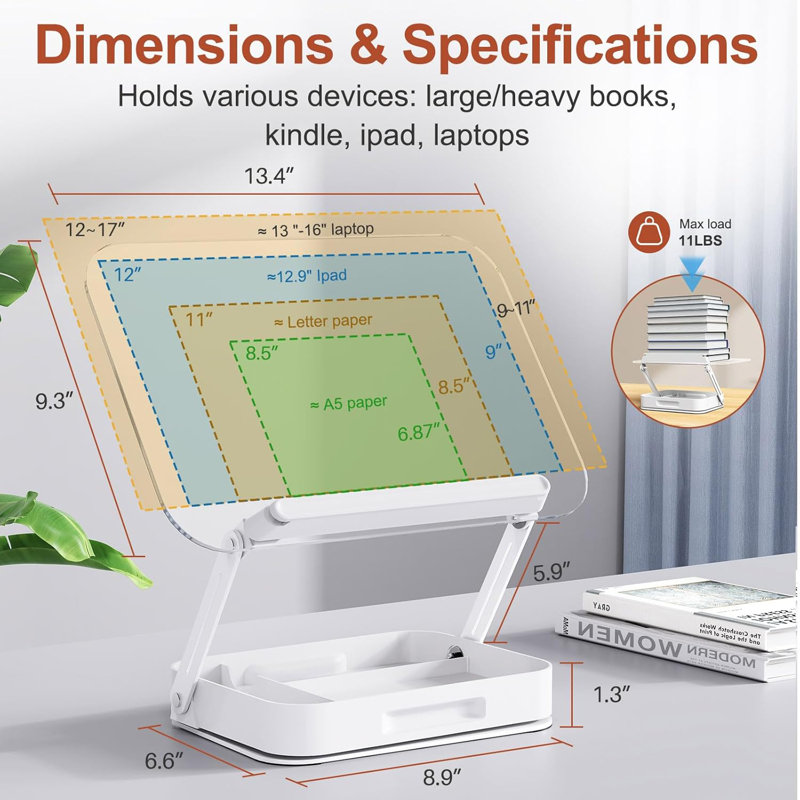 Acrylic Book Stand with Storage, Adjustable Book Holder for Reading with 360° Rotating Bases