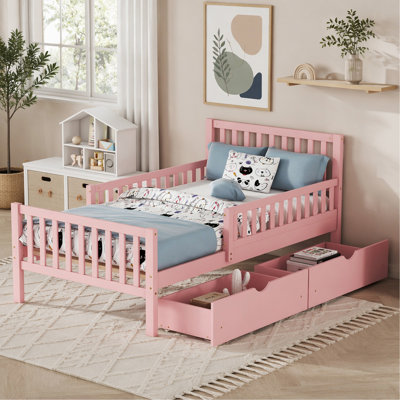 Lit plateforme simple en bois avec garde-corps des deux côtés et deux tiroirs de rangement, rose