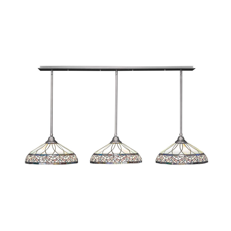 3 Light Stem Hung Linear Pendalier Shown With 16" Royal Merlot Art Glass, Brushed Nickel