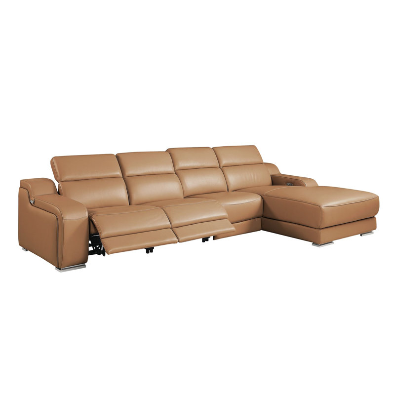 Canapé modulaire Coronado 4 pièces en forme de L en cuir italien de qualité supérieure avec 2 fauteuils inclinables électriques et appuis-tête réglables Coronado Cognac