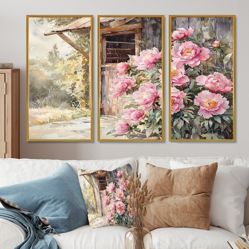 Pivoines par le poulailler IV - Art mural pivoines - 3 panneaux, H 40 po x l 60 po, Impression encadrée sans passe-partout