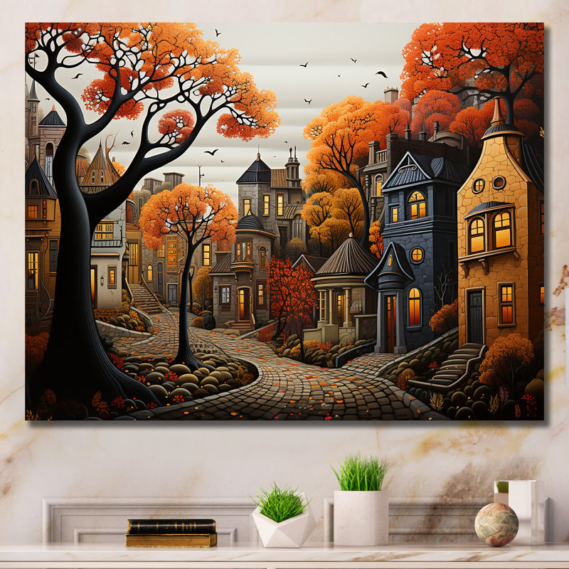 Cozy village in Autumn Moonlit III - Art mural art déco urbain, Toile tendue, H 24 po x l 32 po x P 1 po