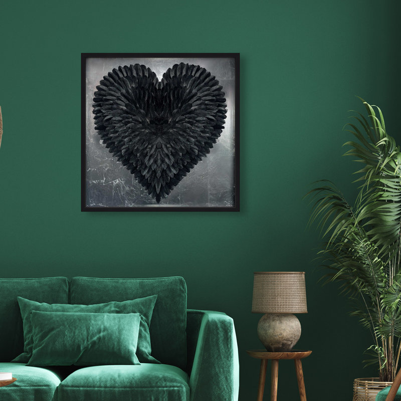 Oliver Gal Glittering Noir Feather Heart Typography and Symbols - Shadowbox Framed Art