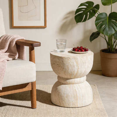 Outdoor Concrete Side Table, Rounded Waist Design End Table, Imitation Natural Stone Texture Patio Accent Table & Decorative Garden Stool for Indoor & Outdoor Use