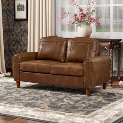 59" Upholstered PU Leather Loveseat with Nails Classic Sofa for Living Room