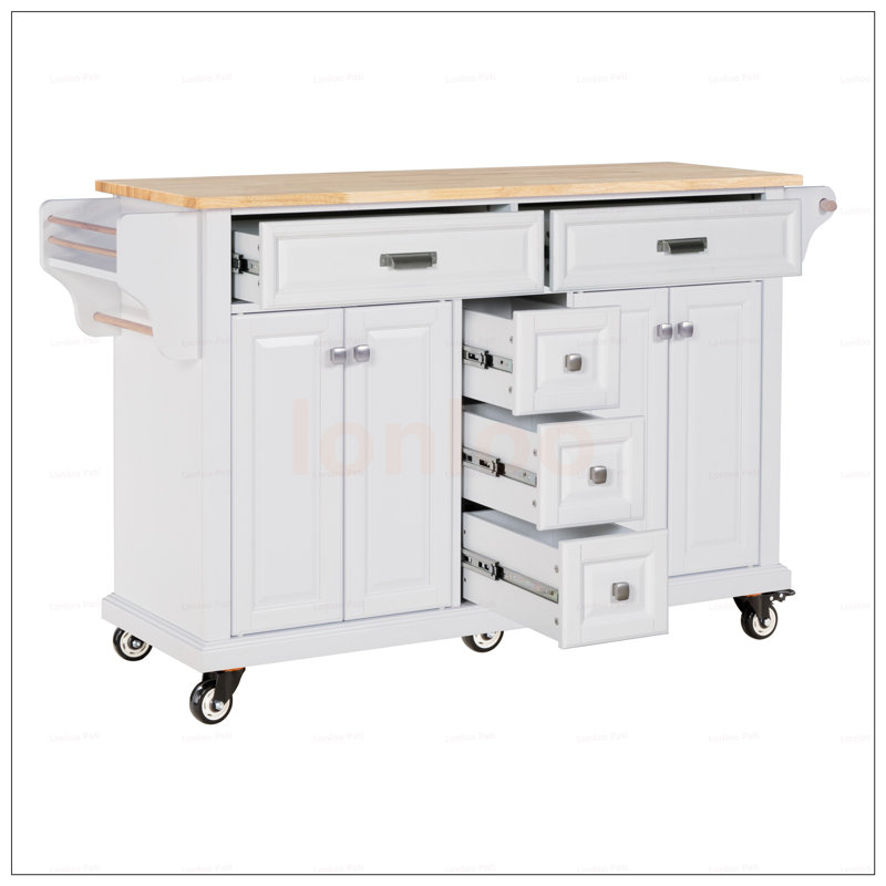 Durable Kitchen Island With Rubberwood Countertop, 5-Wheel Mobility, And Ample Storage For Enhanced Cooking Experience, White
