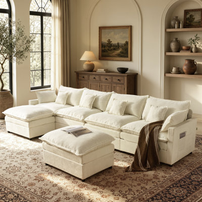 142" 6-Person U-Shaped Sectional Sofa with 2 Ottomans, 26" Deep Seat Chenille Cloud Couch with 4 Throw Pillows