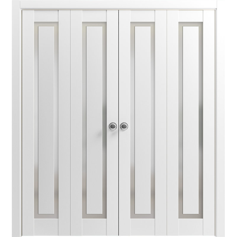 Portes coulissantes doubles pour garde-robe coulissante | Planum peint en blanc avec verre givré | Ensemble de quincaillerie moulures