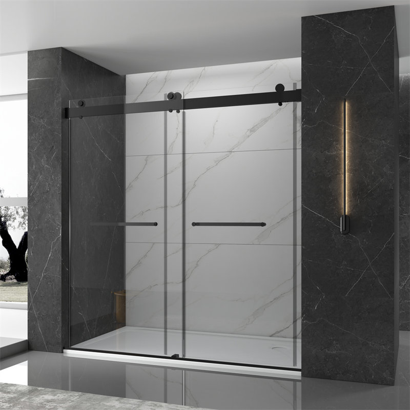 10 mm Tempered Glass Double Sliding Framless Shower Door , Mate Black, 76"