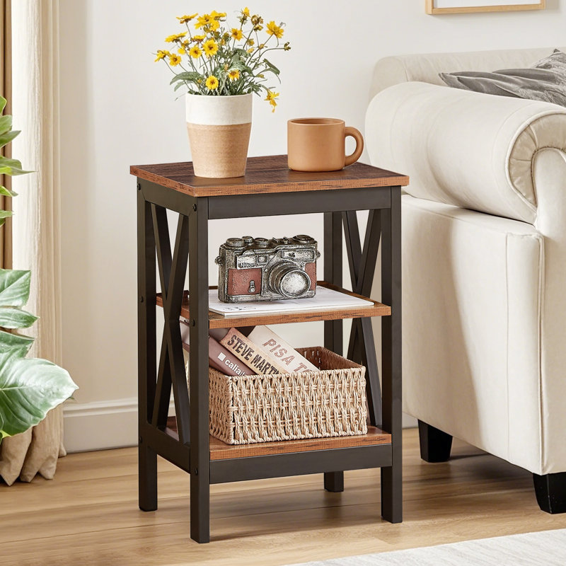 Rustic End Table with Open Shelves – Farmhouse Side Table for Living Room or Bedroom, Durable Wood & Metal Accent Table for Small Spaces