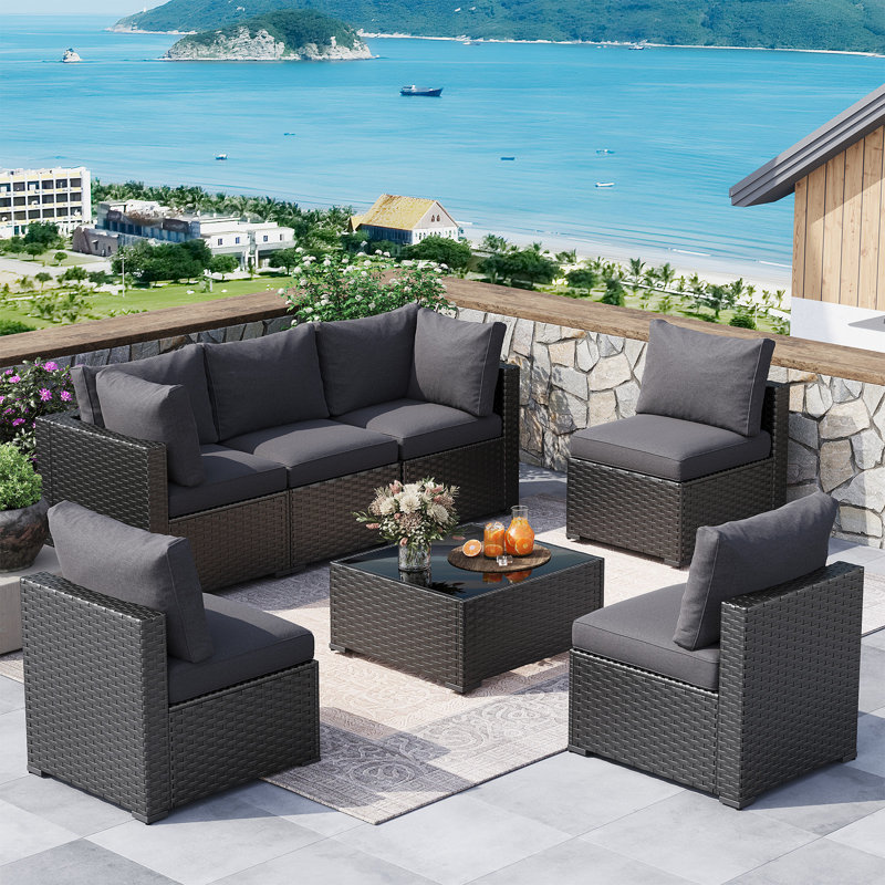 7 Pieces Outdoor Patio Furniture Set, With Cushions And Glass Coffee Table, Pe Rattan Outdoor Wicker Sectional Furniture Sofa Set, For Porch, Garden, Balcony