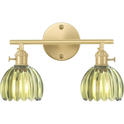 Bathroom Light Fixtures, 2-Light Brass Vanity Wall Light Over Mirror With Green Tulip Glass Shade For Bedroom Living Room