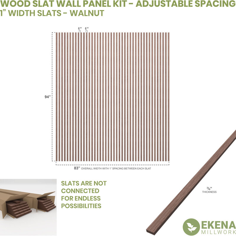 Adjustable Wood Slat Wall Panel Kit, 1"W x 94"H x 0.375"T, Walnut