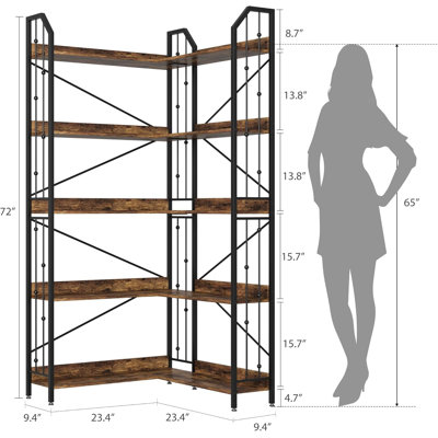 Corner Bookshelf 72" L Shaped Bookcase, Corner Bookshelves Industrial Bookcase 5 Tier L-Shape Bookshelf, Large Bookcases with Beaded Design Tall Display Rack Shelf for Living Room Bedroom